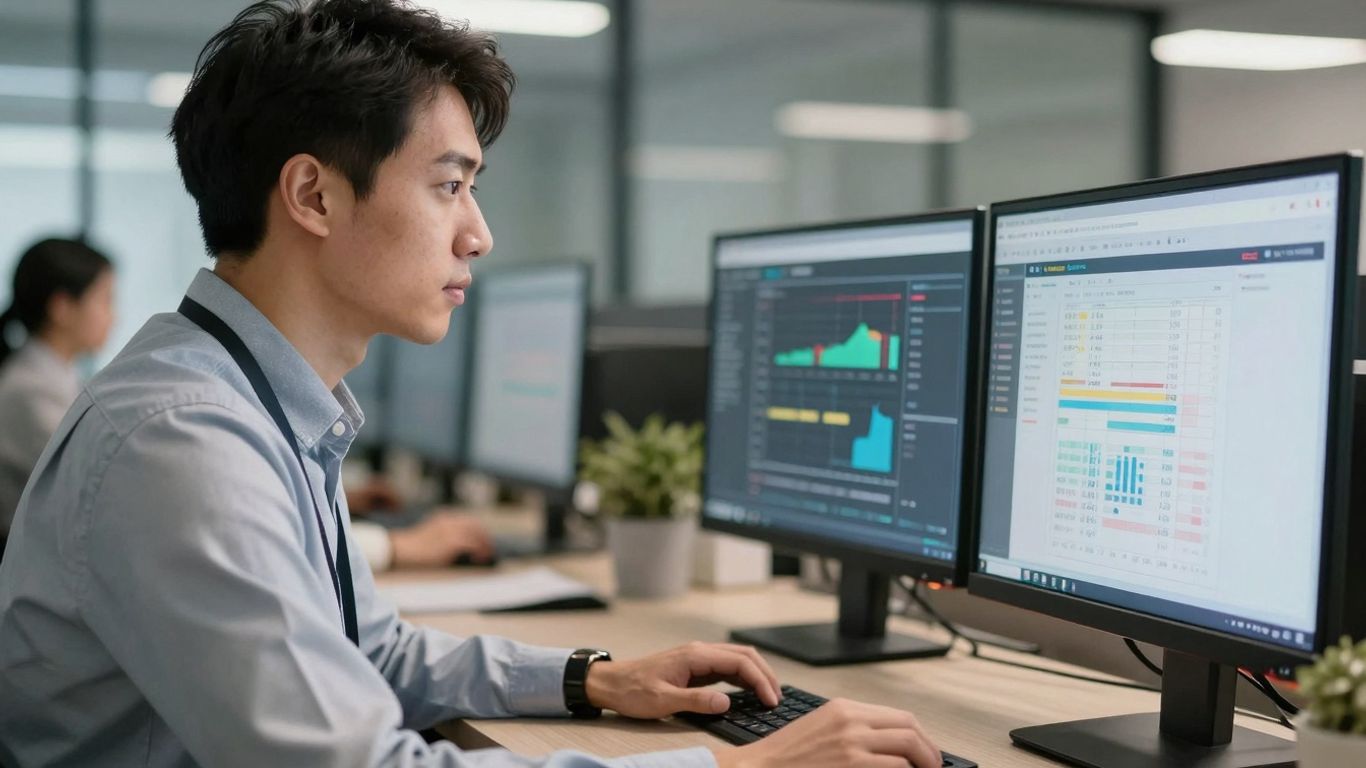 Profesional analizando datos en pantalla de computadora.