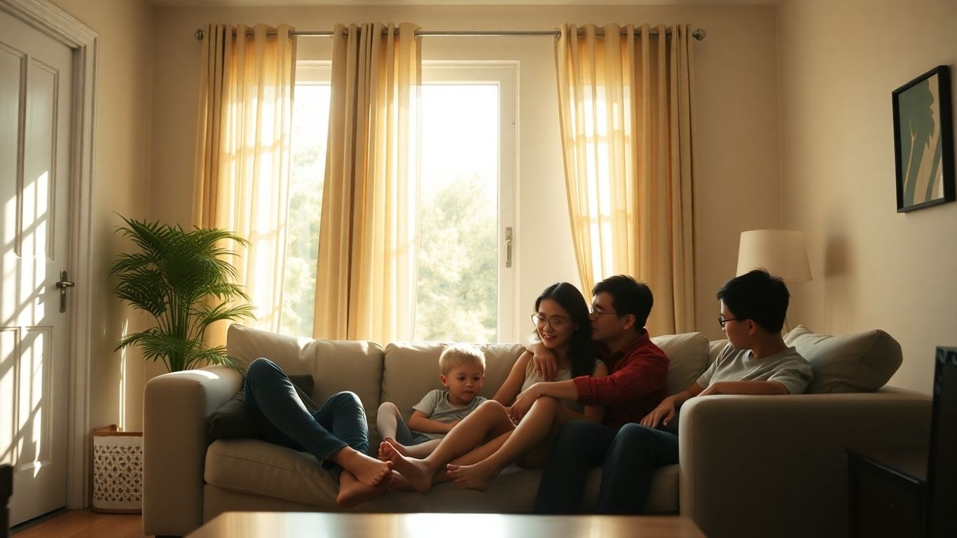 Familia feliz y segura en su hogar protegido.