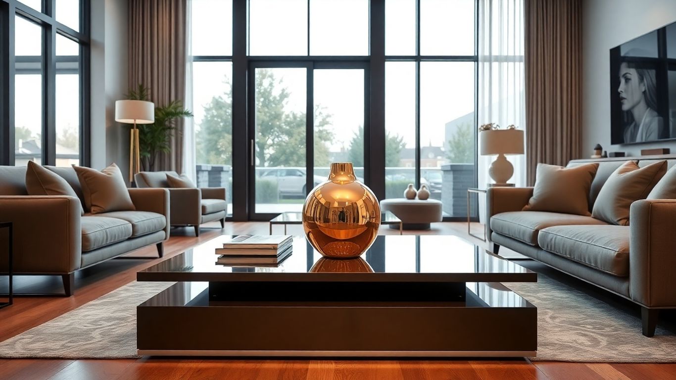 Elegant gold vase in a modern living room.