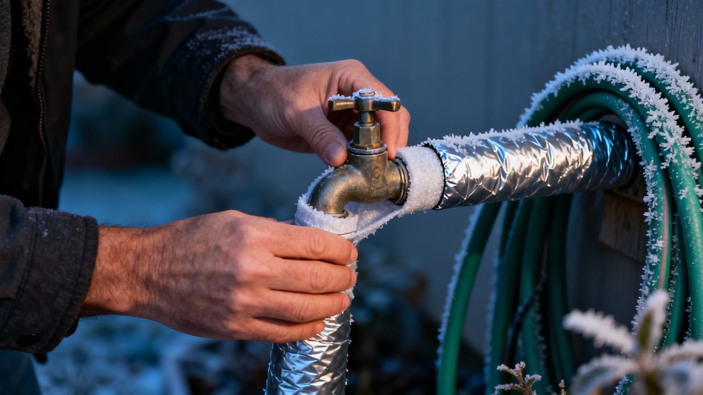 Outdoor faucet being wrapped for winter protection.