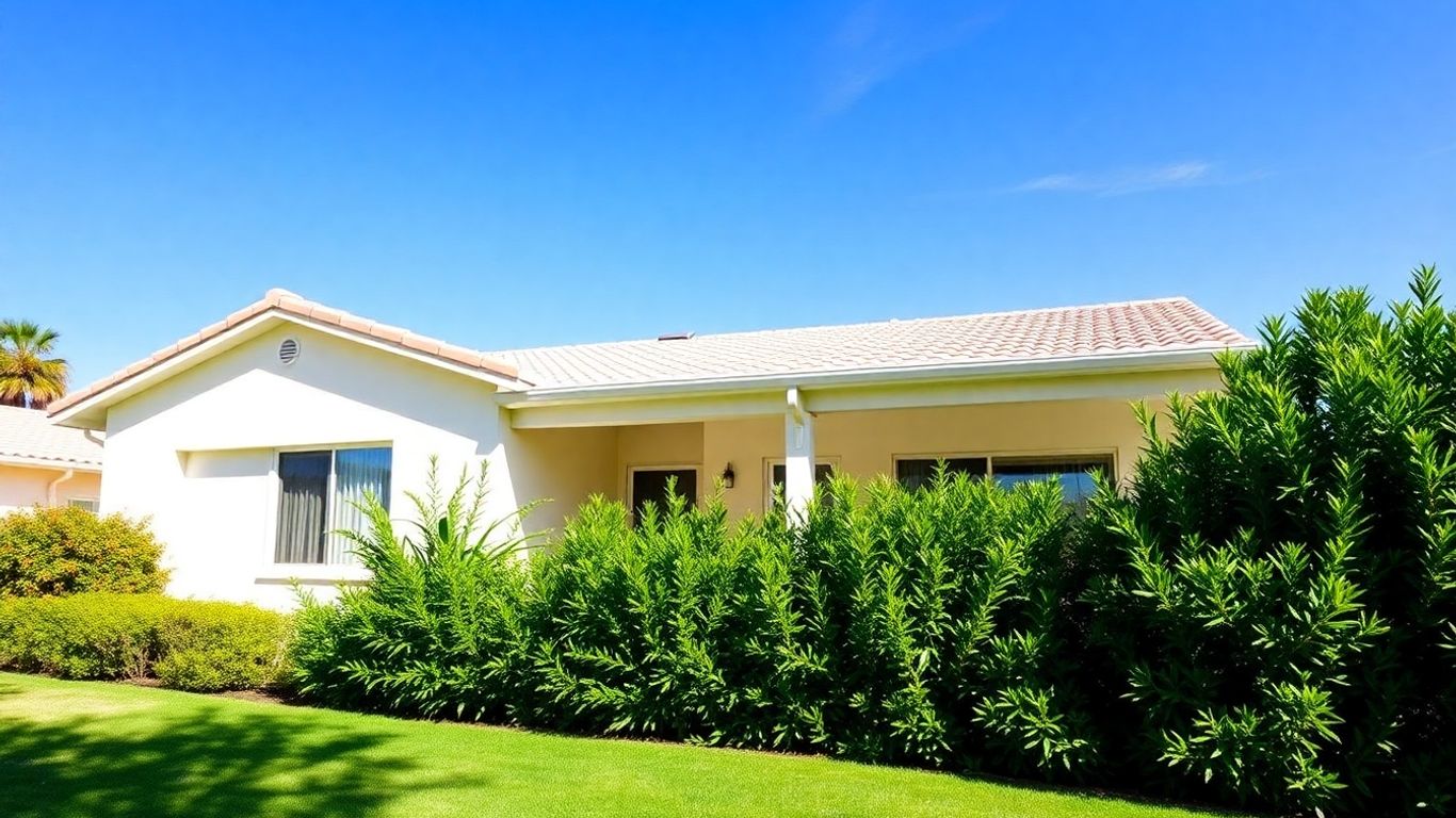 Casa vacacional soleada con jardín verde.