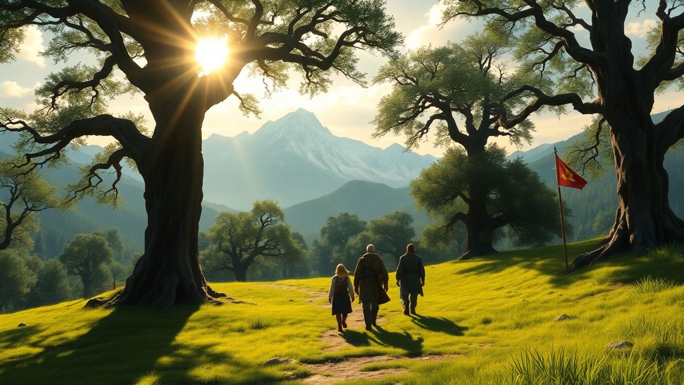 Fellowship adventuring through a mystical Middle-earth landscape.