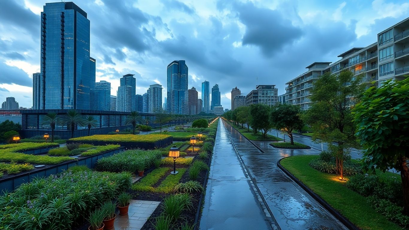 City with green roofs and stormwater features after rain