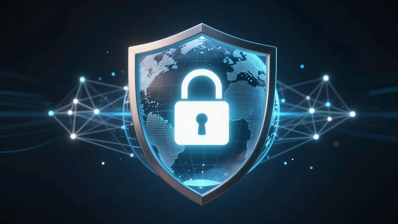 Digital shield protecting a globe with a lock icon.