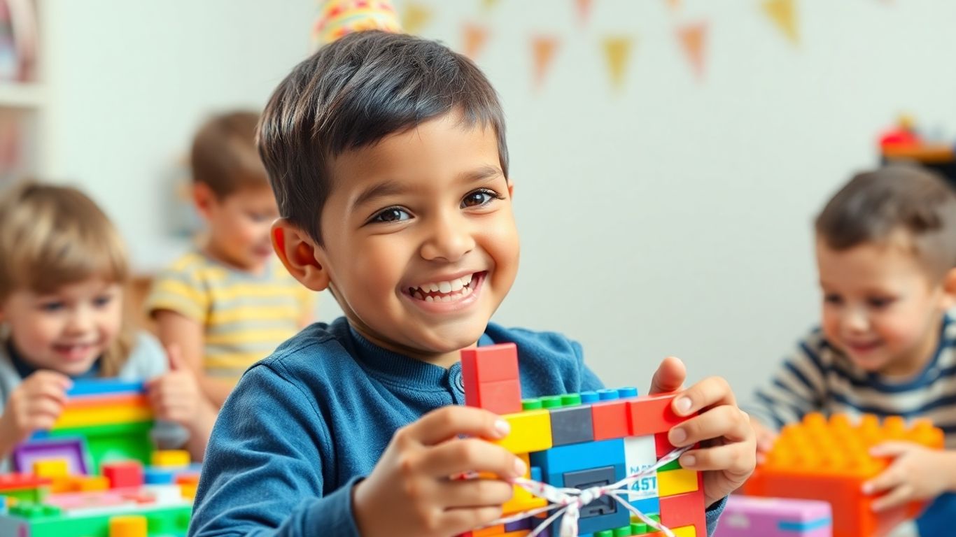 Boy happily opening birthday gift with building blocks.