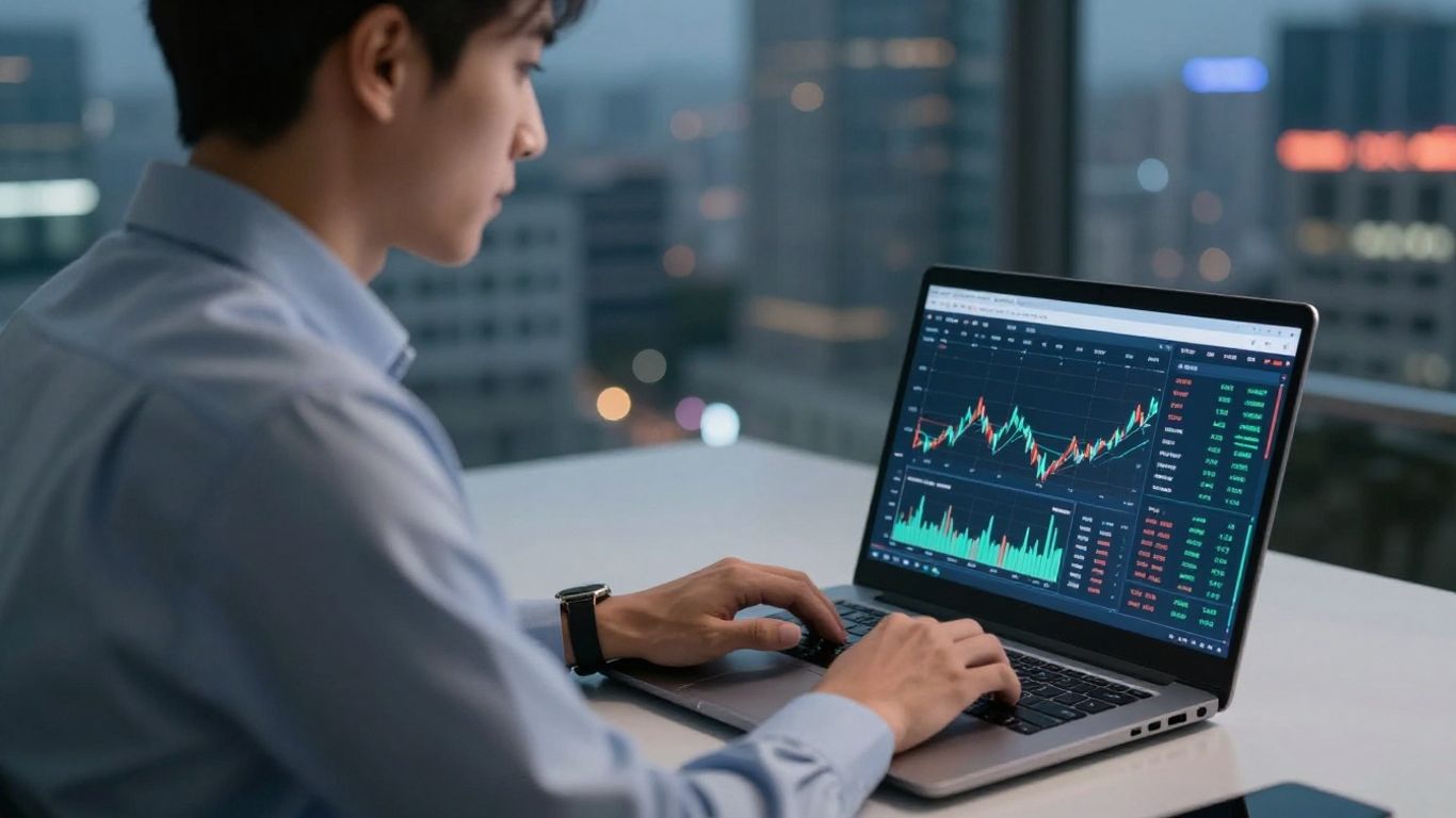 Trader looking at financial data on a laptop.