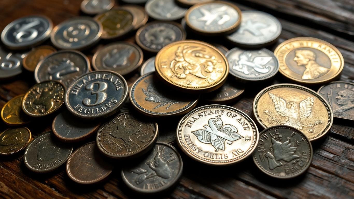Photograph showing rare and common coins on wood.