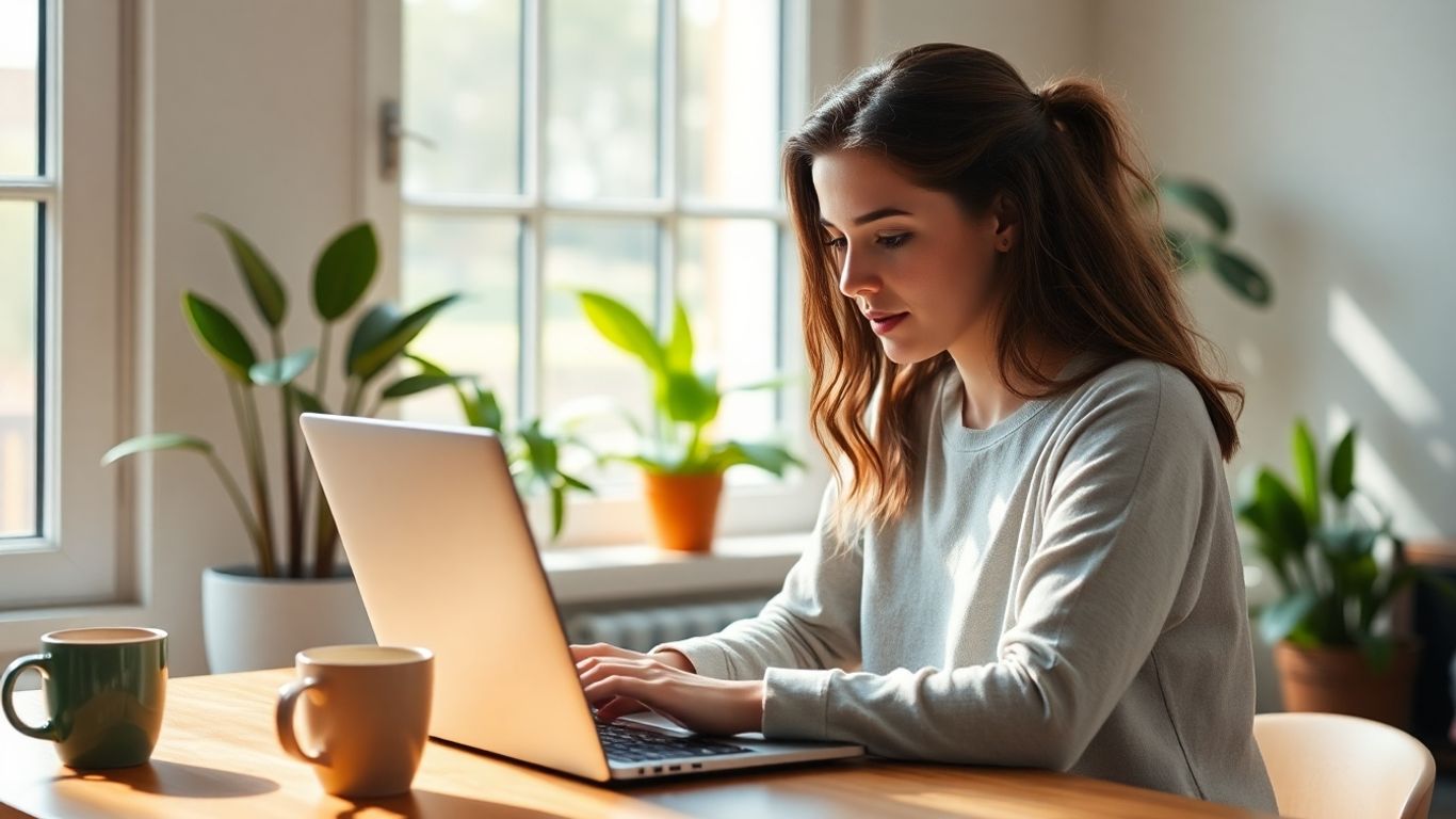 Australian woman typing on laptop at home workspace