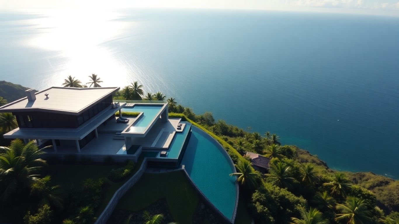 Exclusive Phuket mansion overlooking the ocean, with pool and greenery.