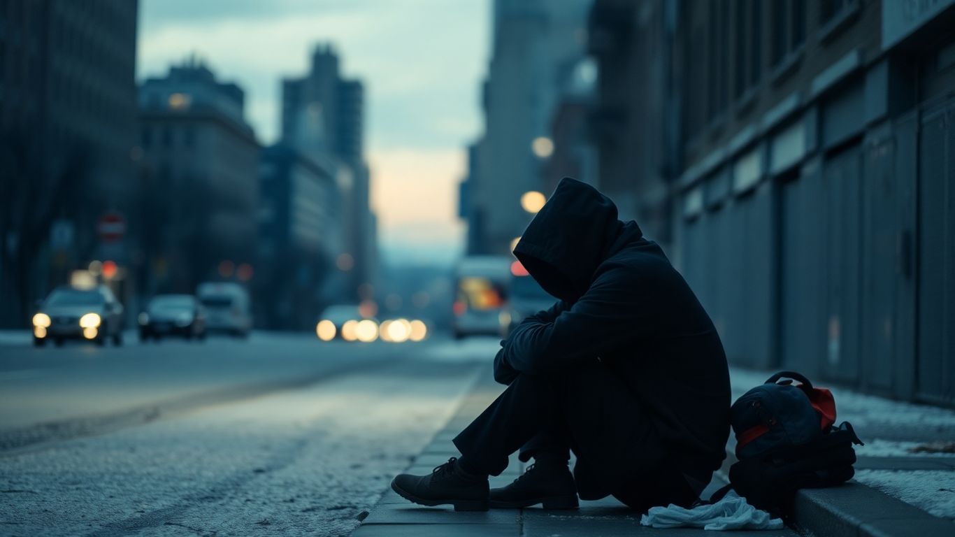 Person alone on a street, city background.