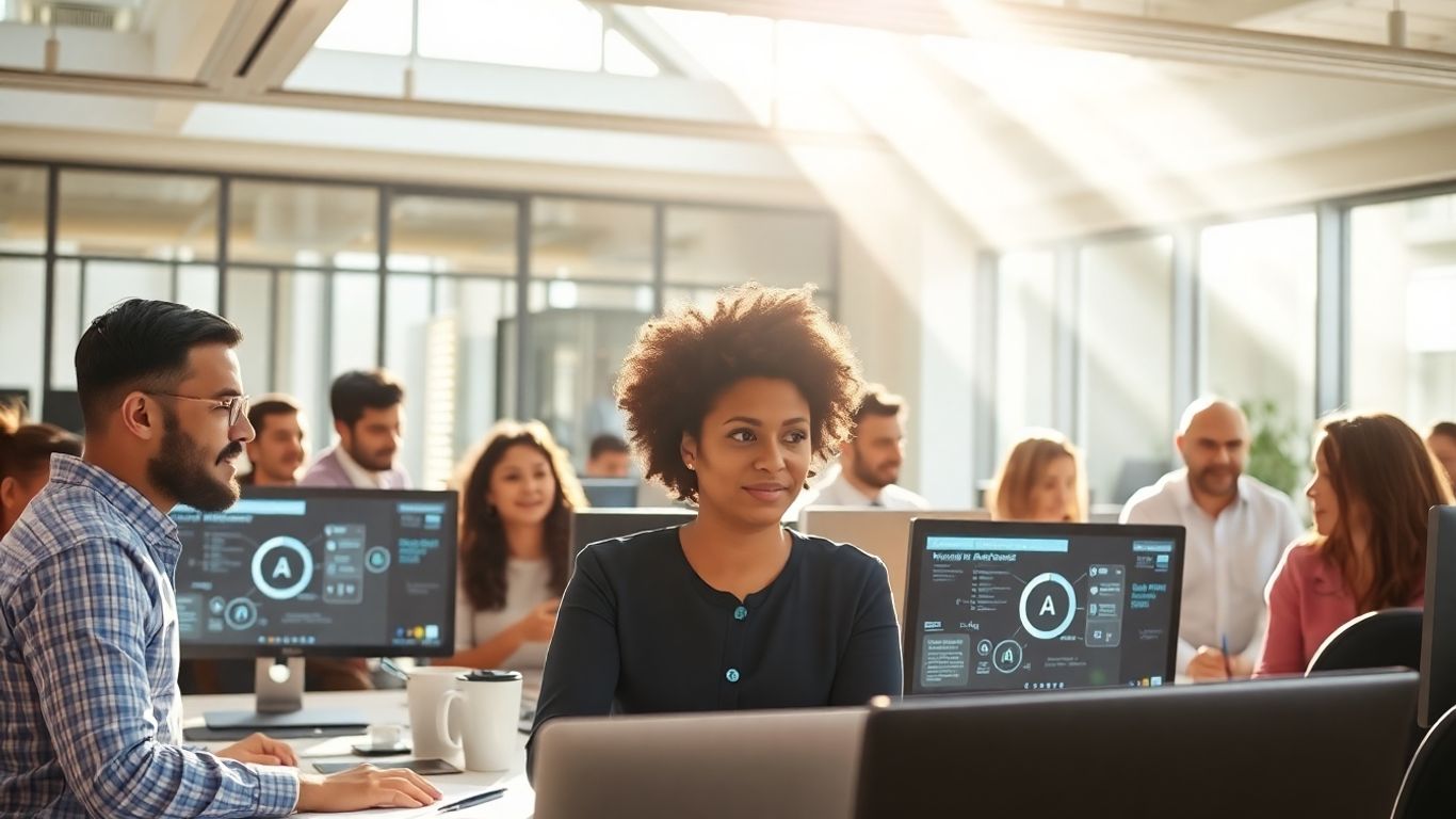 Team embracing AI technology in a modern office setting.