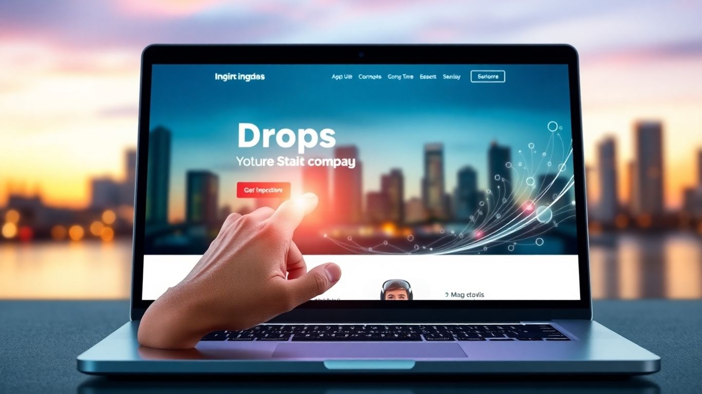 Modern dropshipping website on laptop screen, cityscape background.