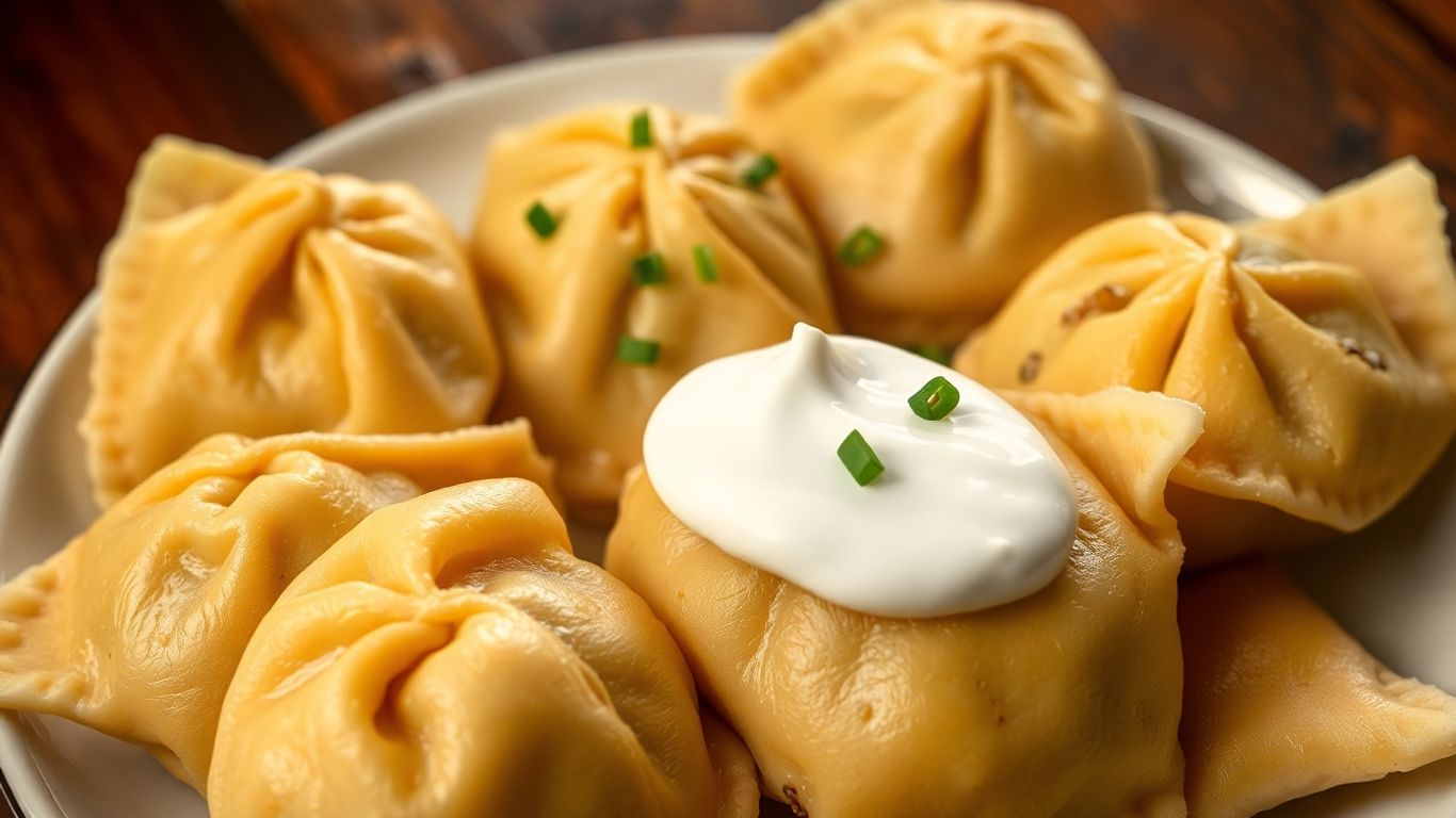Golden pierogi with sour cream and chives.
