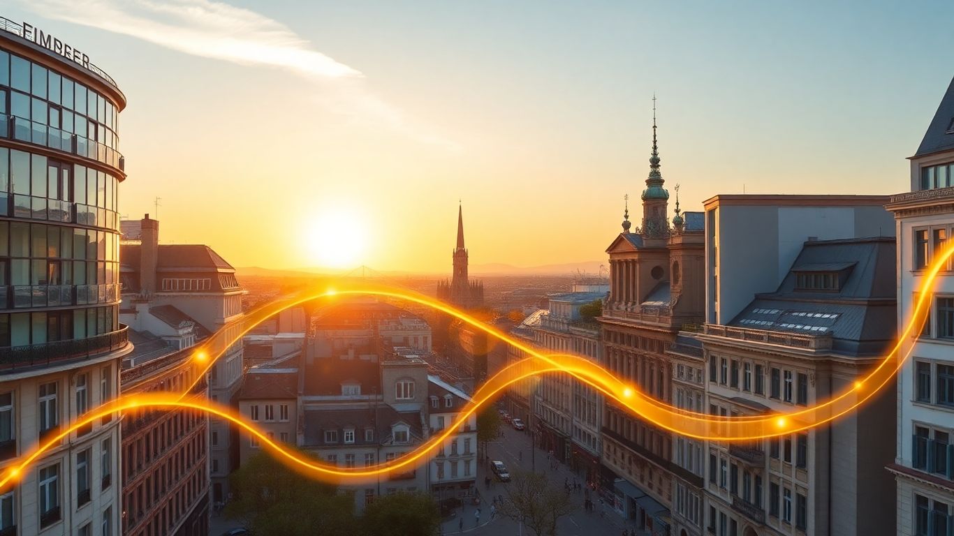 European cityscape with golden financial streams at dawn.