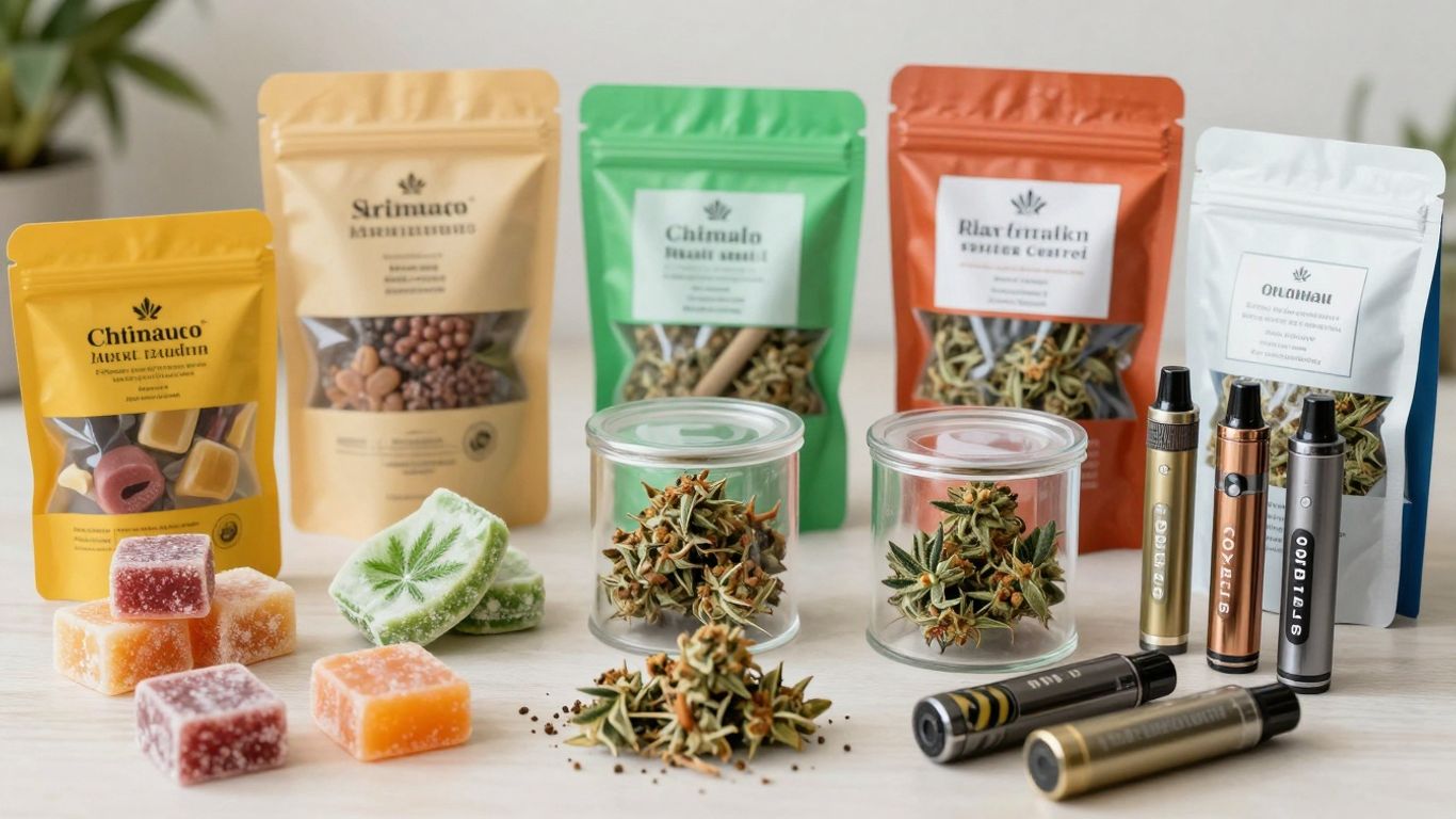 Cannabis products display: edibles, flower, vape cartridges.