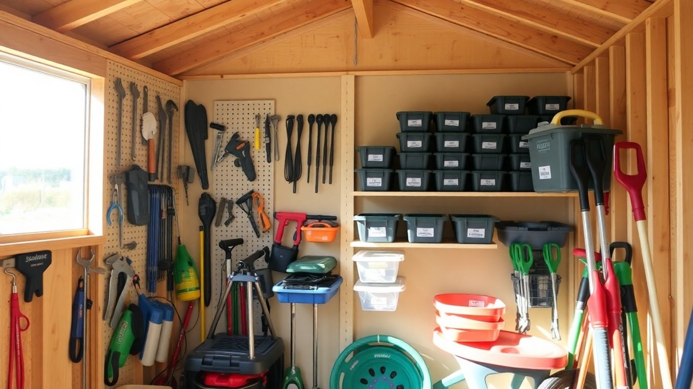 Neatly organized shed interior with tools and bins