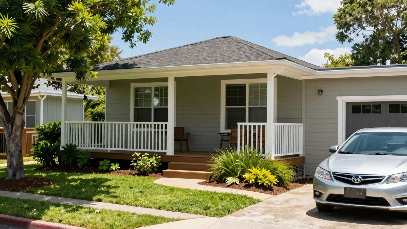 Turnkey Airbnb property with car and sunny porch.