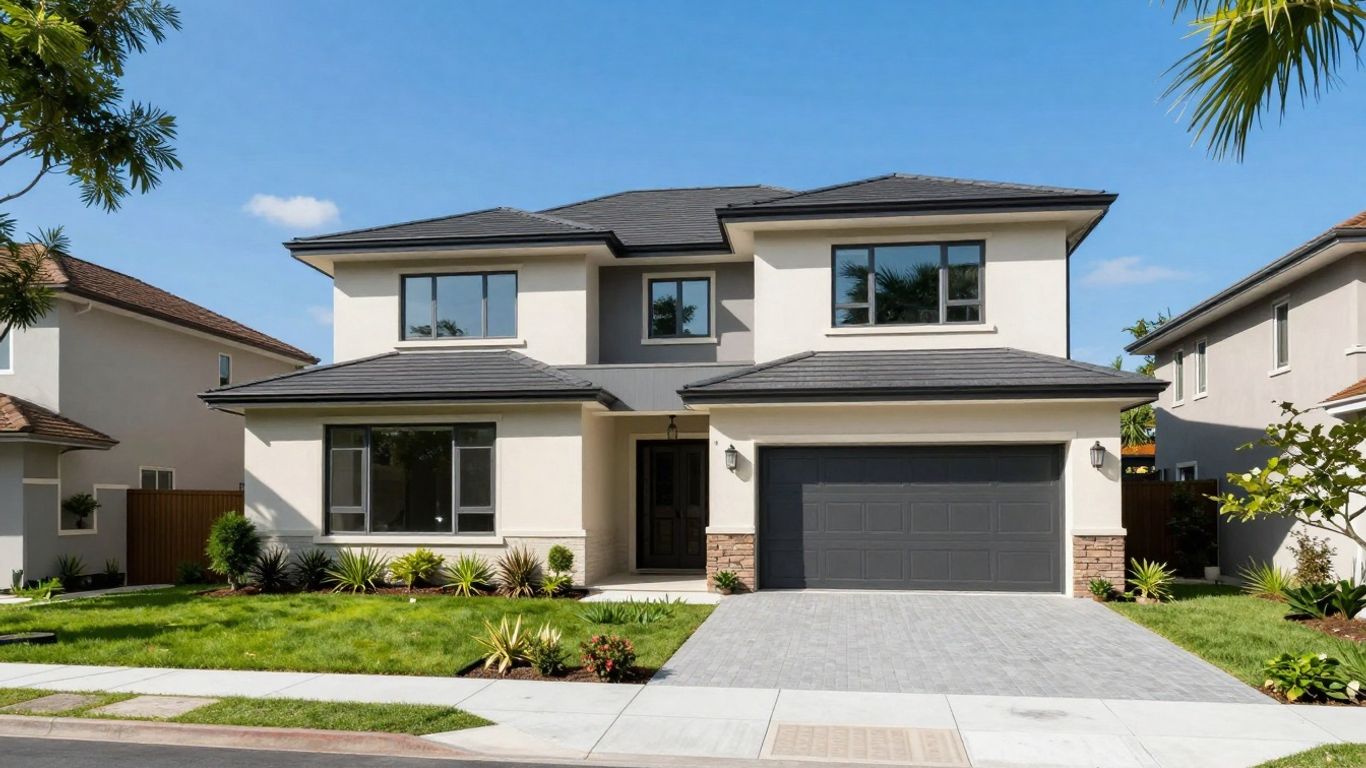 Casa moderna con jardín verde y cielo azul.