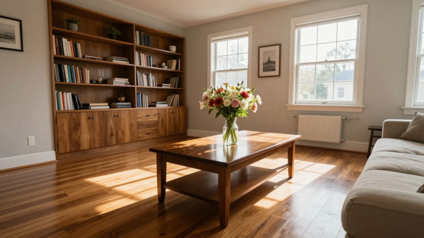 Sparkling clean living room with polished floors and tidy surfaces.