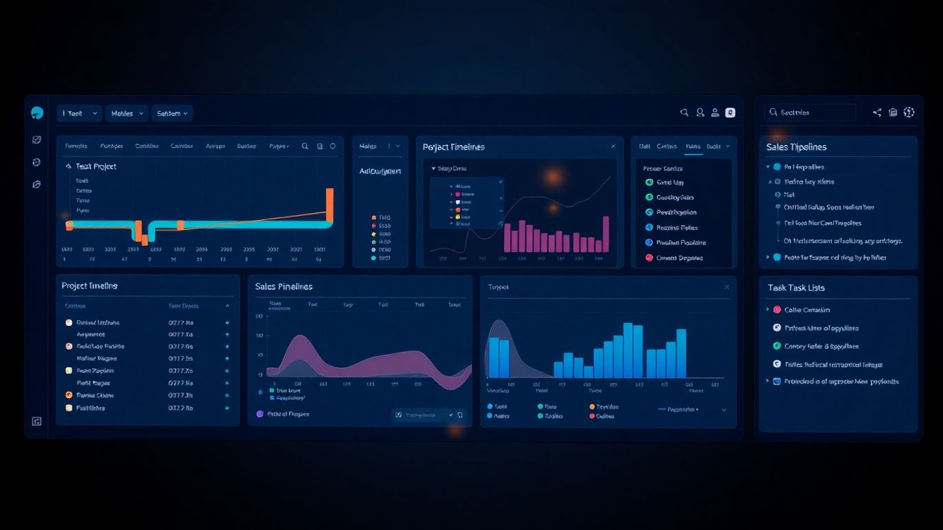 Amwork platform interface with sales and project management tools.
