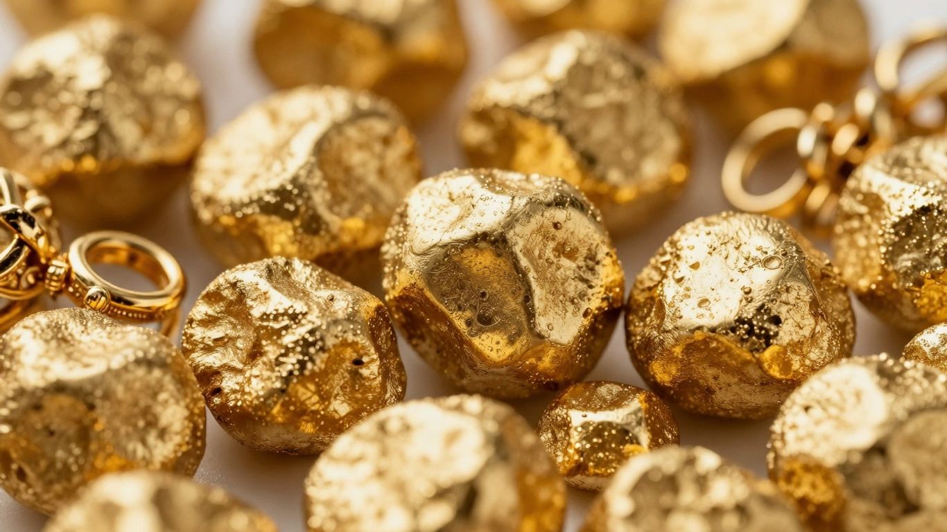 Pure gold and gold jewelry of varying purities.