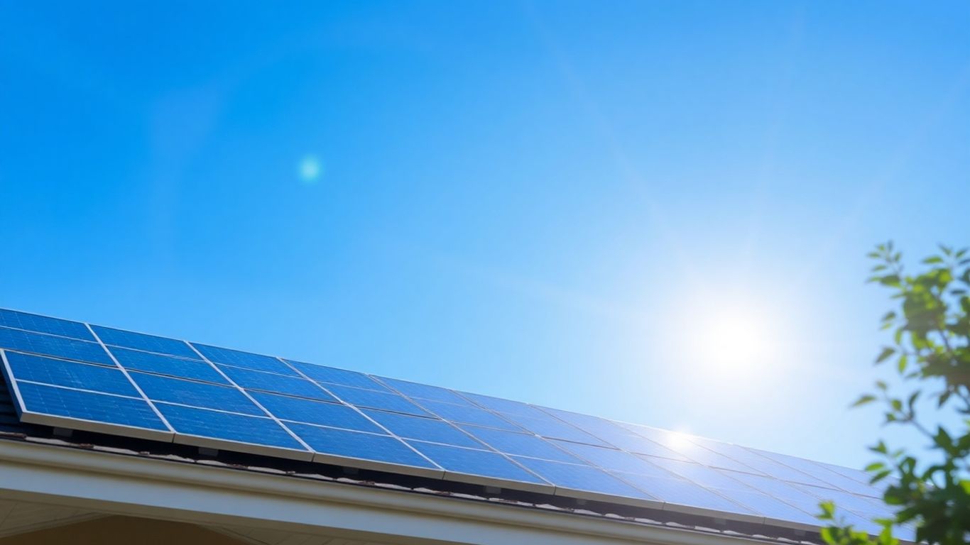 Solar panels on a roof under the sun.