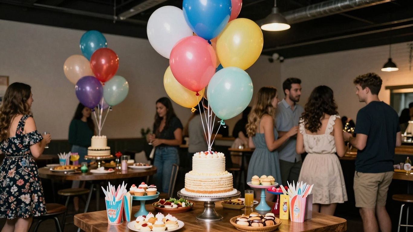Festive birthday party with balloons, cake, and guests.