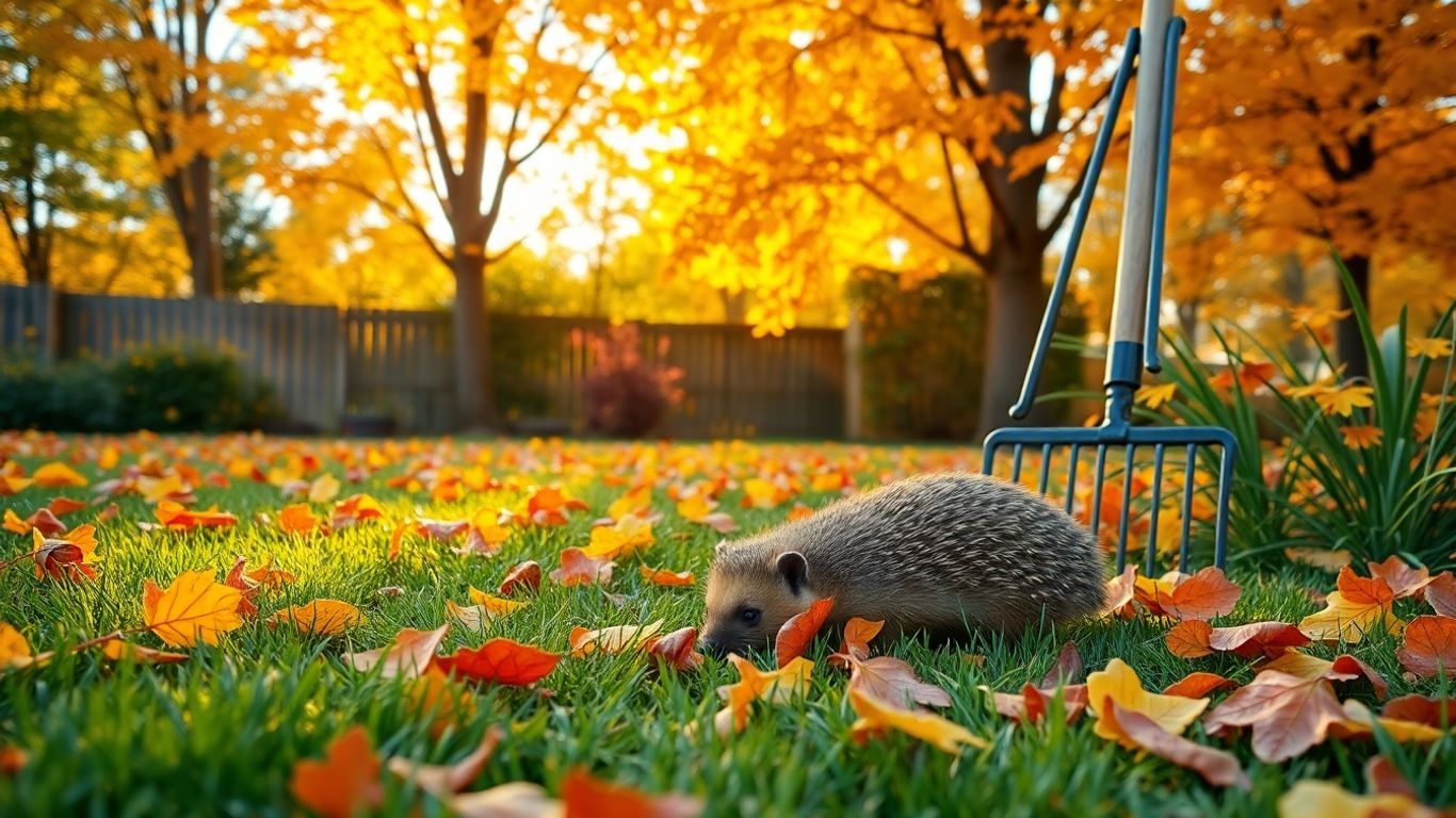 Laub, Igel und Rechen in herbstlichem Garten im Oktober
