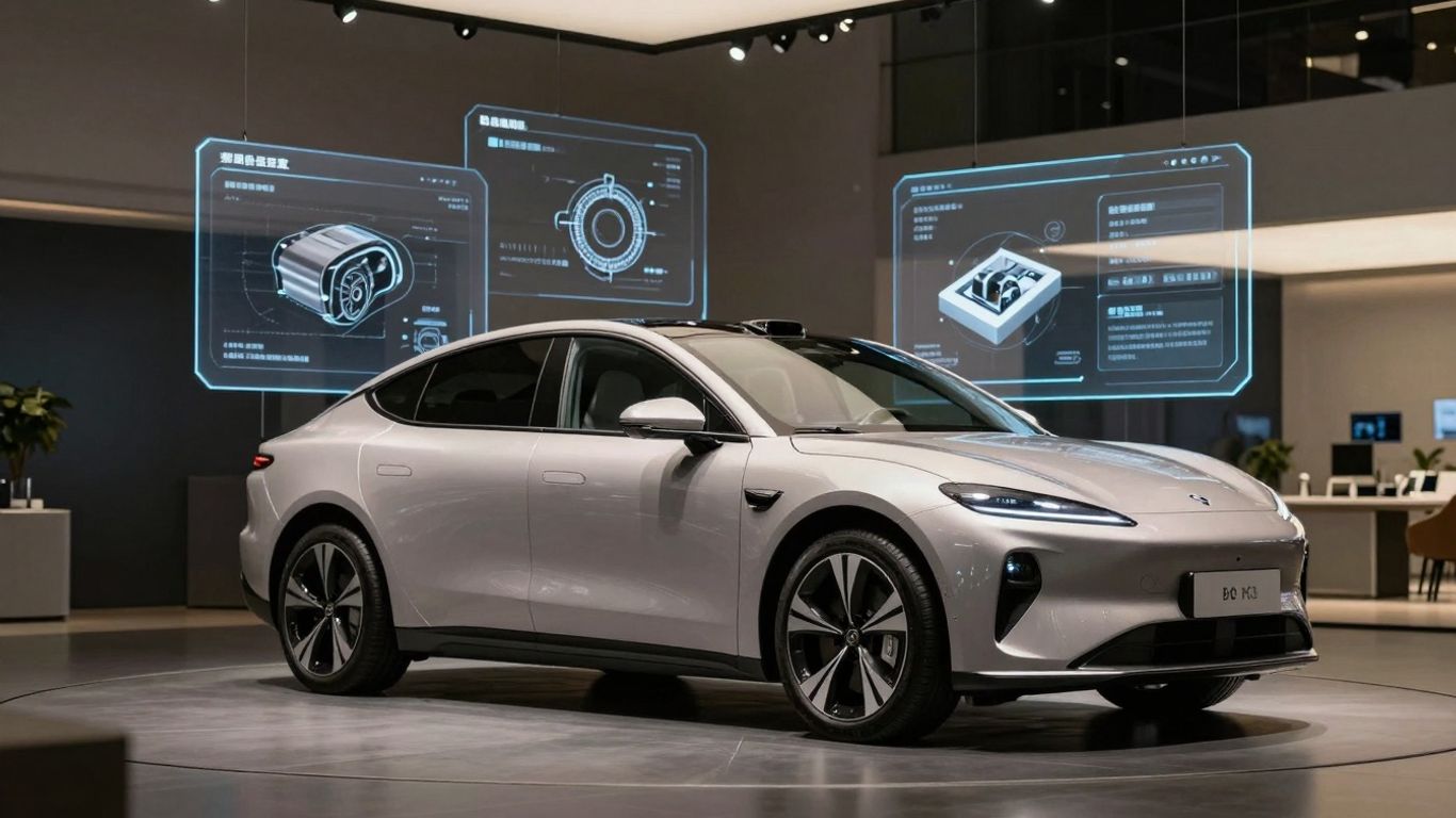 Modern electric car in a futuristic showroom with digital displays.