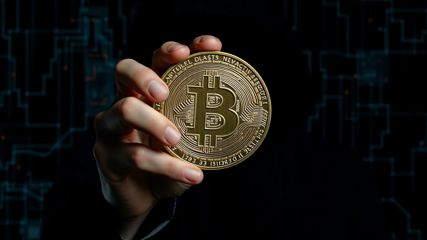 Cracked crypto coin with shadowy figure and digital network.