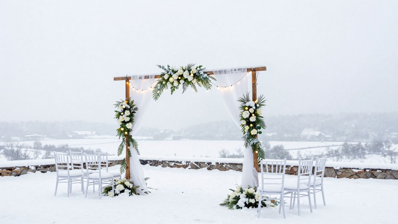 Winter wedding venue with snow and twinkling lights.