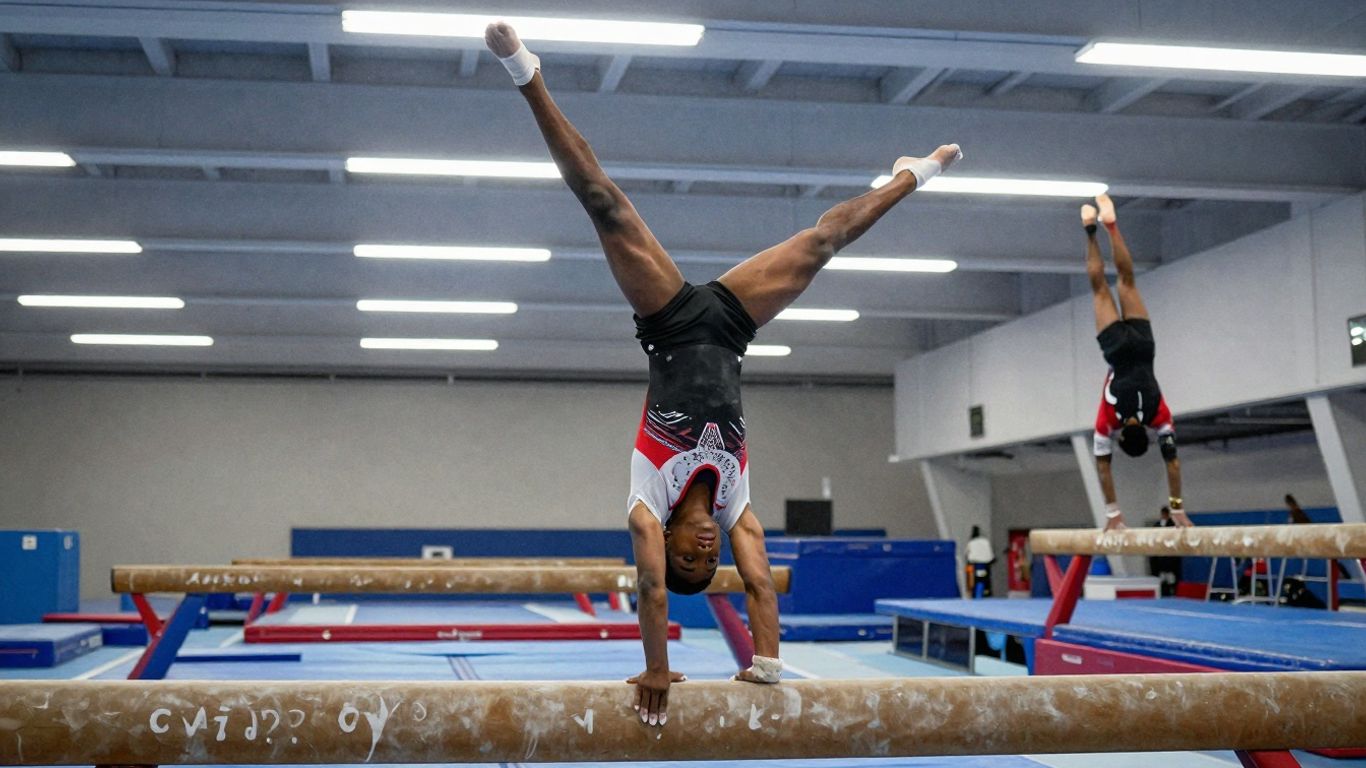 Gymnast performing skills on beam and floor exercise.