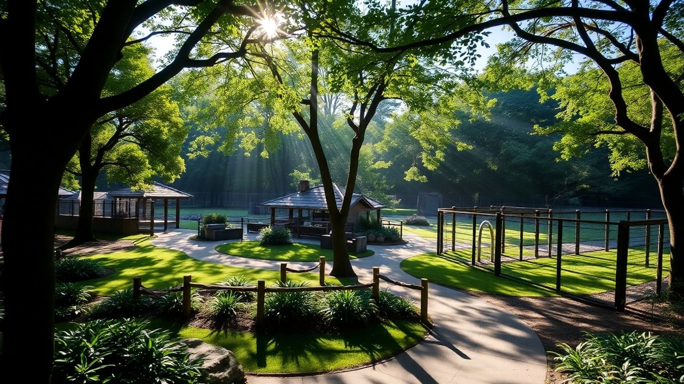 Parc de Pairi Daiza avec une végétation luxuriante et des enclos animaux.