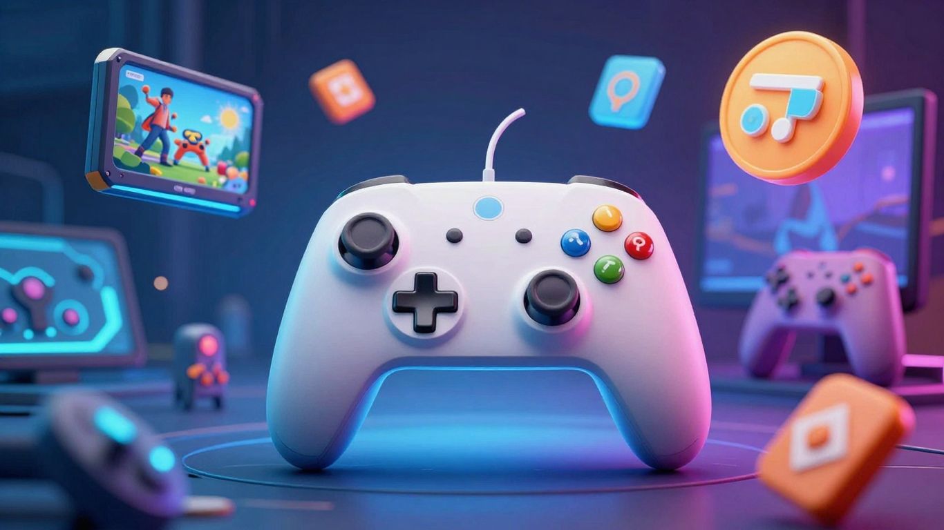 Google Play Games icons and controller on a digital background.