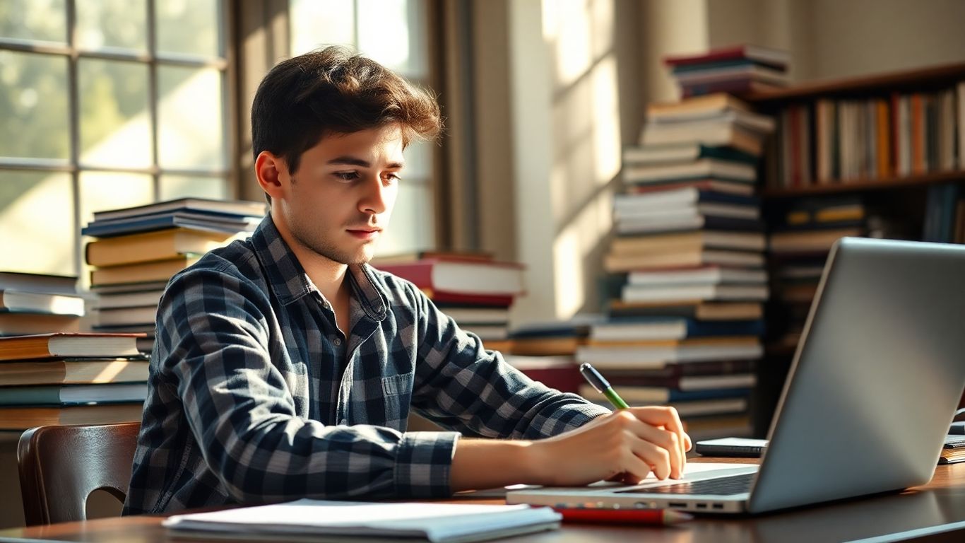 Student writing at a desk for TOEFL integrated essay.