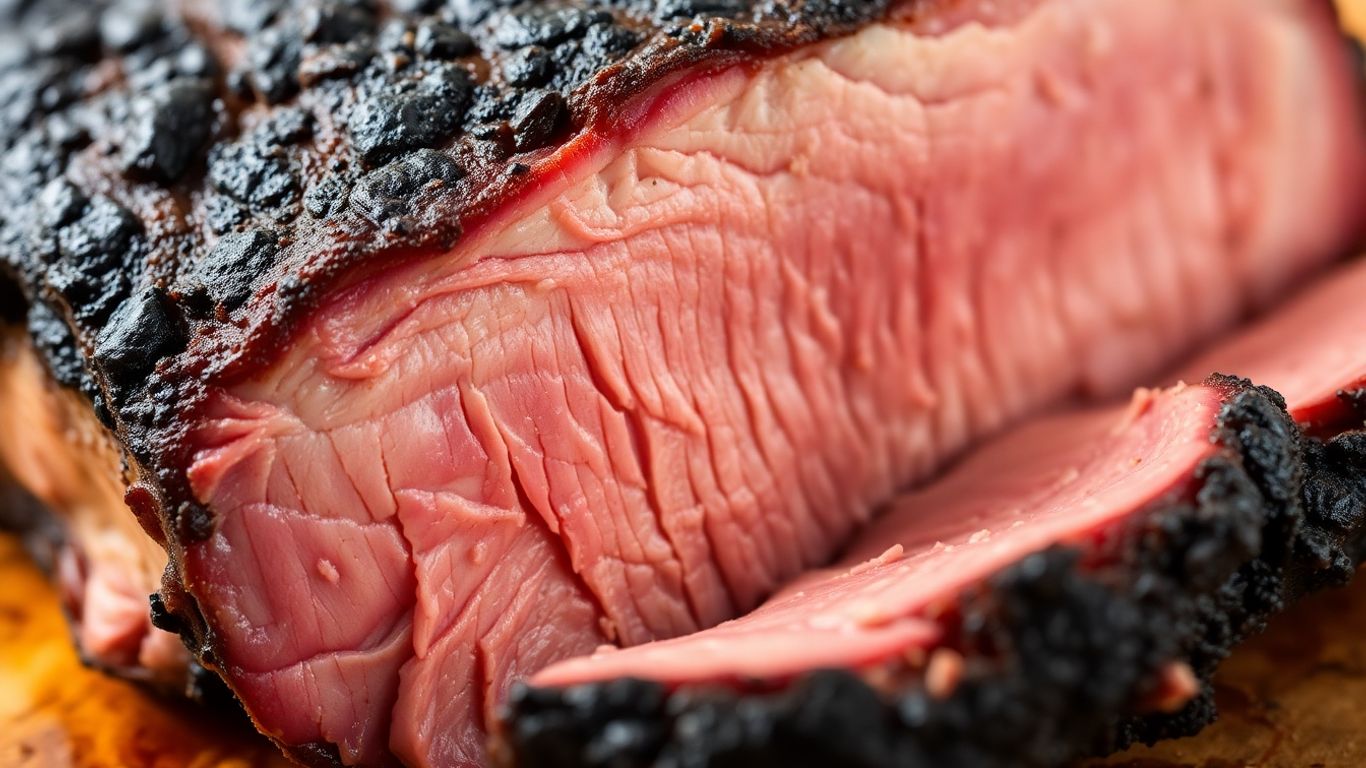 Juicy sliced Texas-style brisket with smoke ring.
