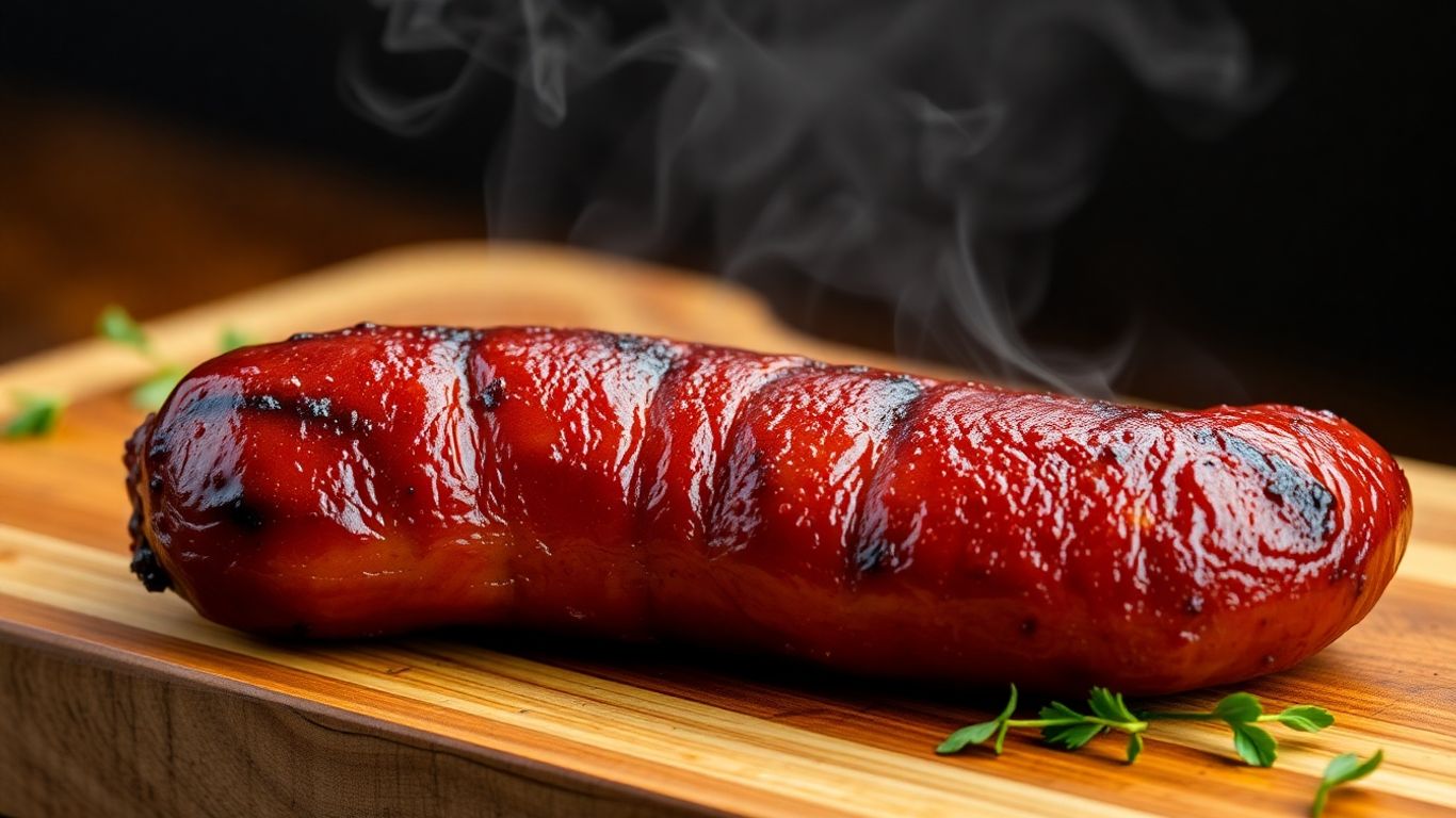 Cooked rookworst sausage on a wooden board.