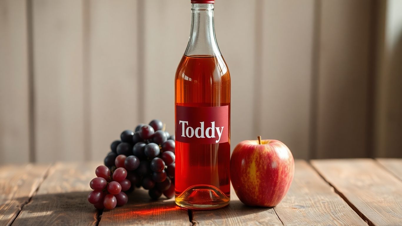Bottle of Toddy wine with grapes and apple.