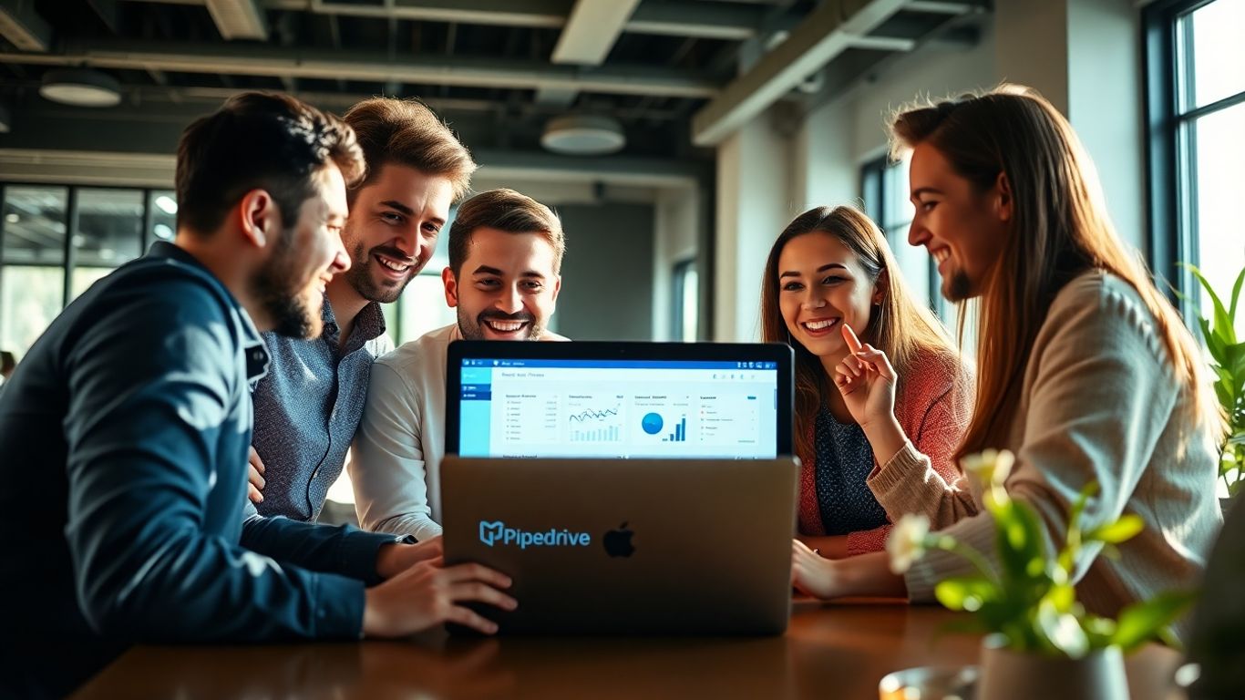 Equipo trabajando en Pipedrive CRM en oficina moderna.