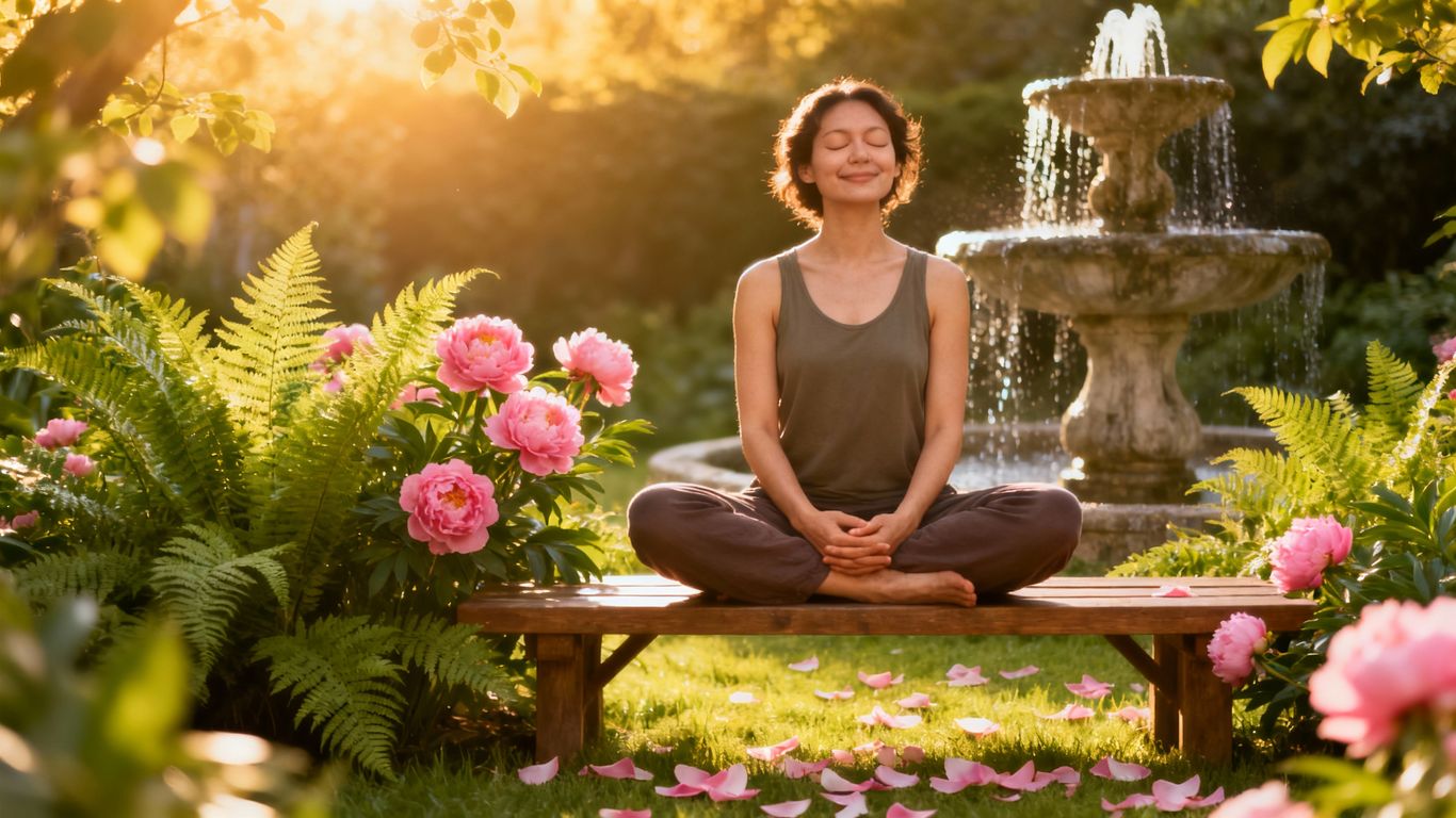 Person in garden smiling, radiating self-love and peace.