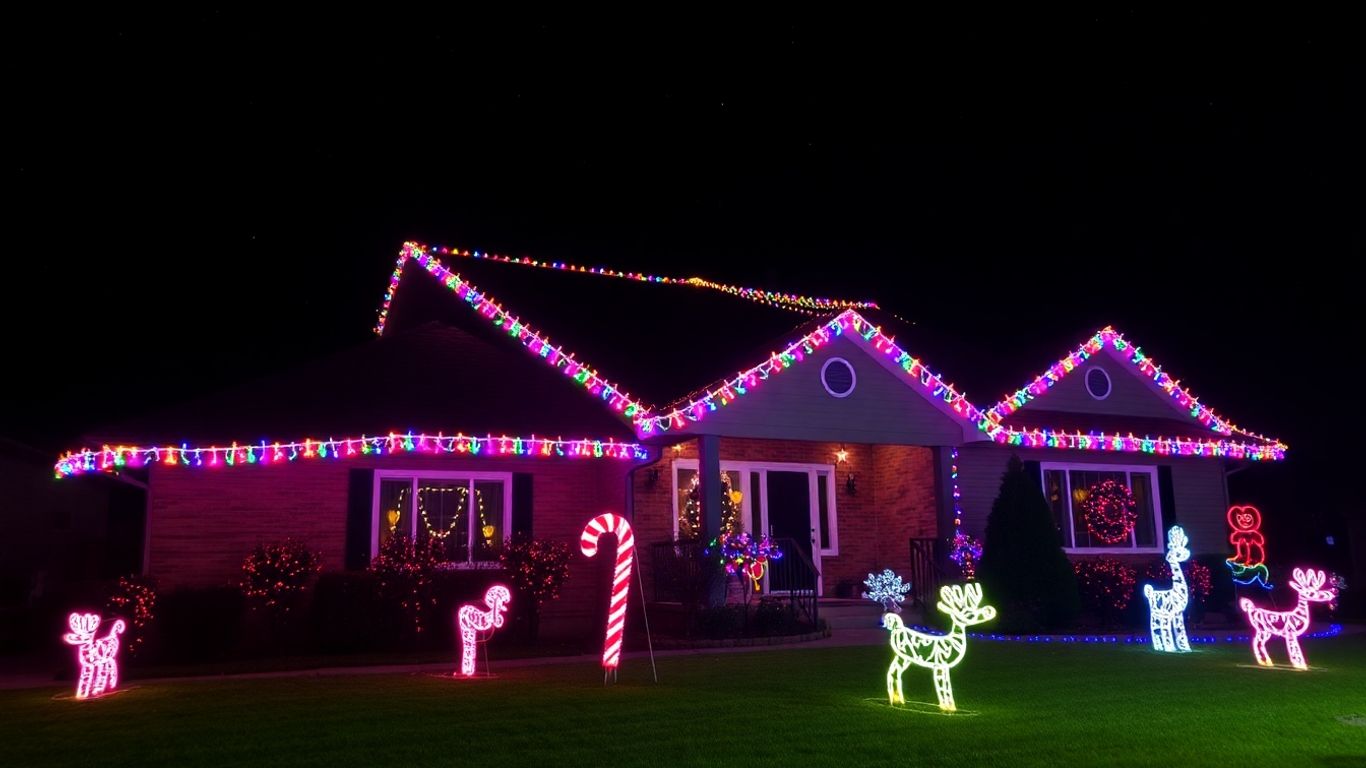House decorated with bright Christmas lights at night.