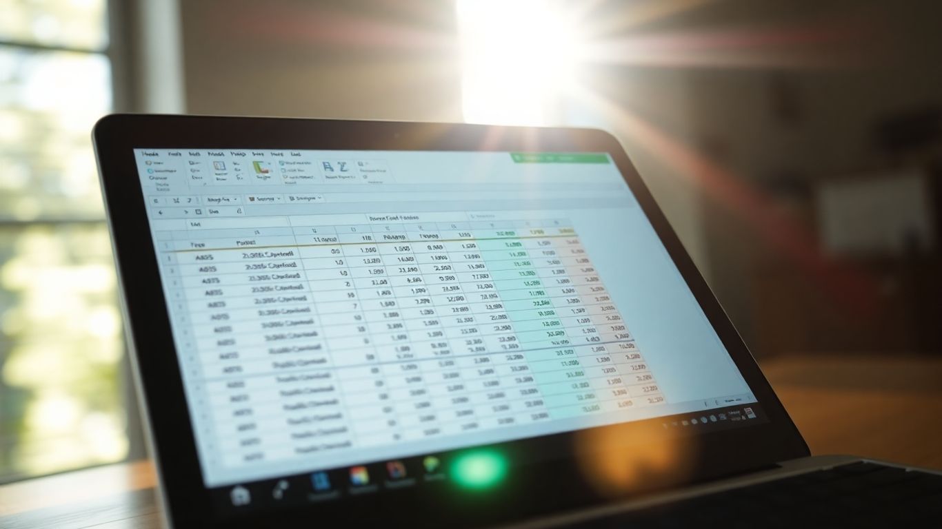 Spreadsheet with financial data on a laptop screen.