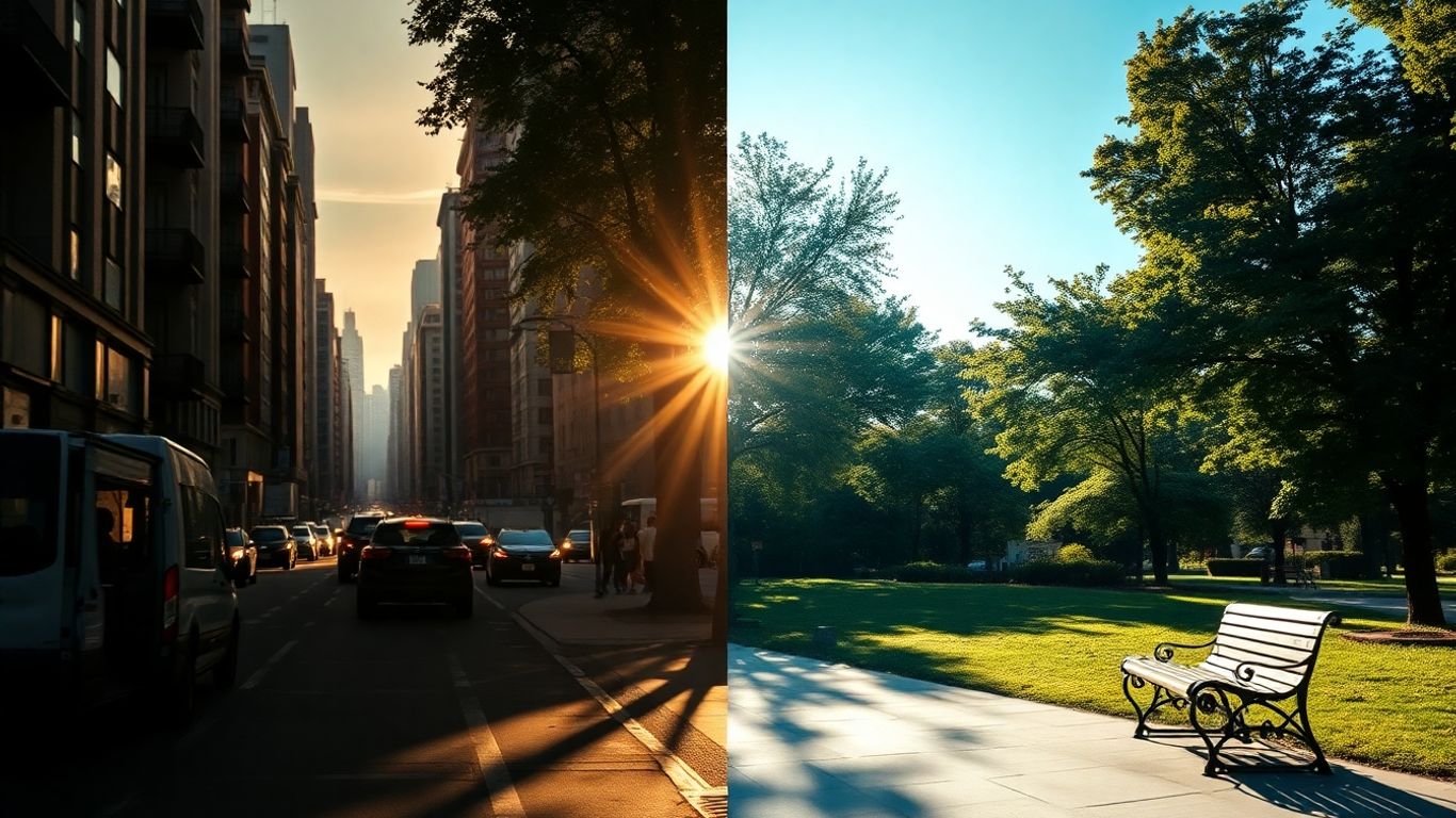 Contrast între zone urbane aglomerate și spații verzi liniștite.