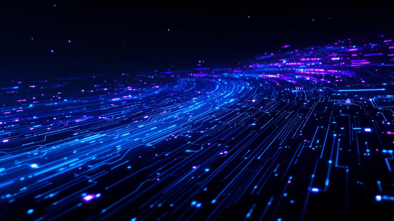 Abstract digital landscape with glowing blue and purple circuits.