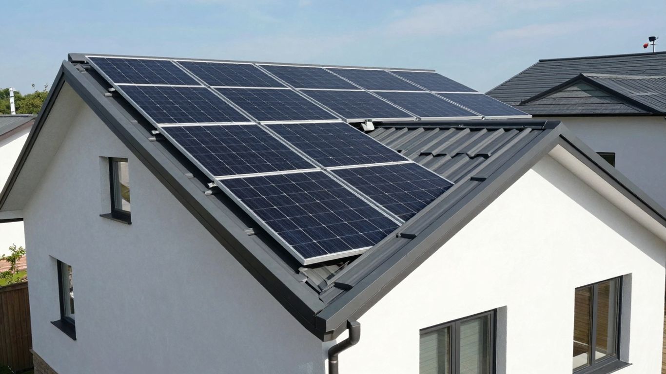 Solarmodule auf einem Hausdach, aérovoltaische Installation.