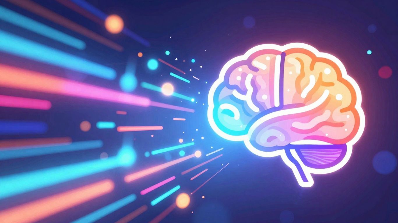 Abstract data streams flowing into a futuristic brain icon.