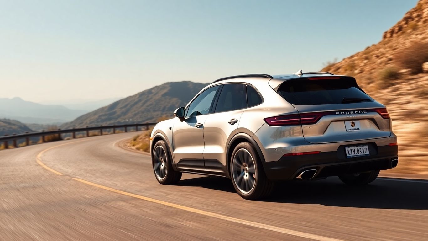Porsche Cayenne Electric driving on a scenic road.