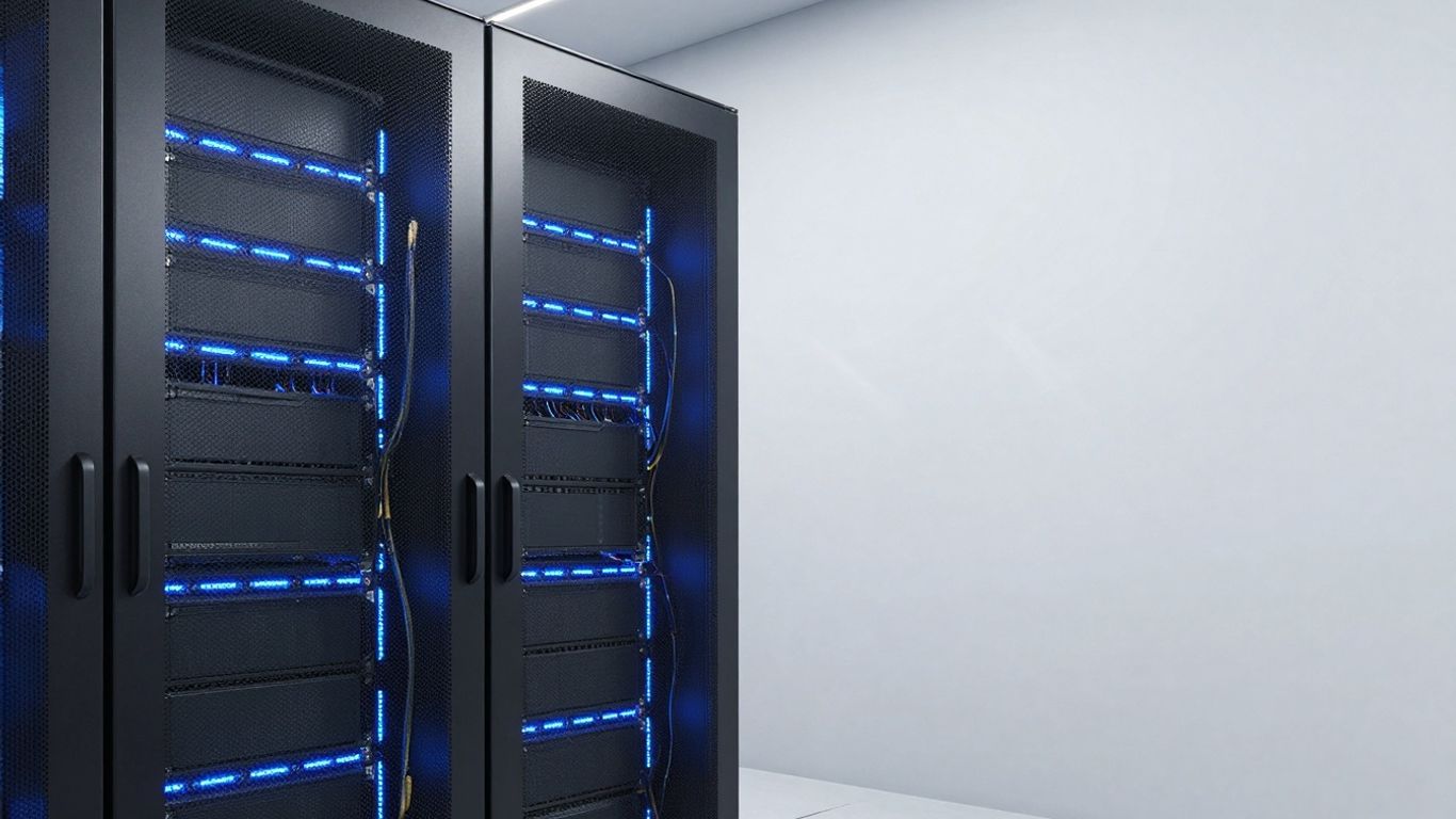 Servere moderne și cabluri într-o cameră de date luminoasă.