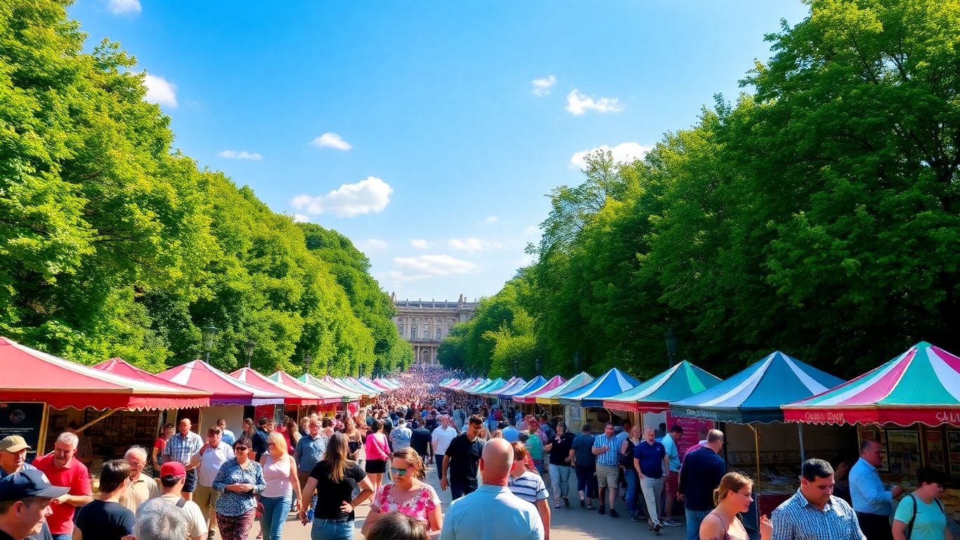 People enjoying outdoor events in a sunny London park.