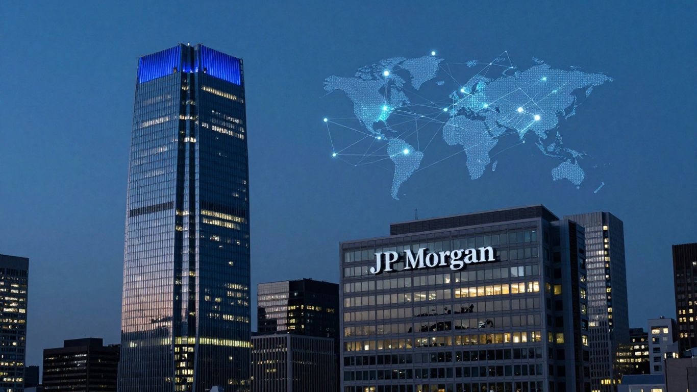 City skyline with blockchain network and JP Morgan building.